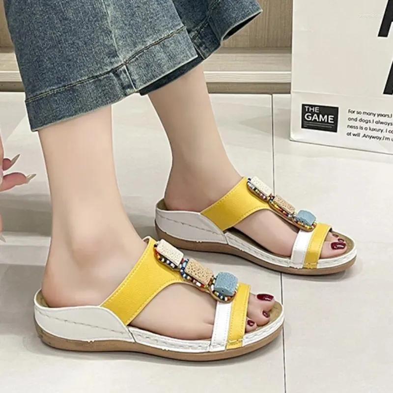 Slippers Bohemian Ethnic Summer Women's Wedge Fashion T-strap Platform Ladies Shoes Bead Slip-on Slides Female Sandals