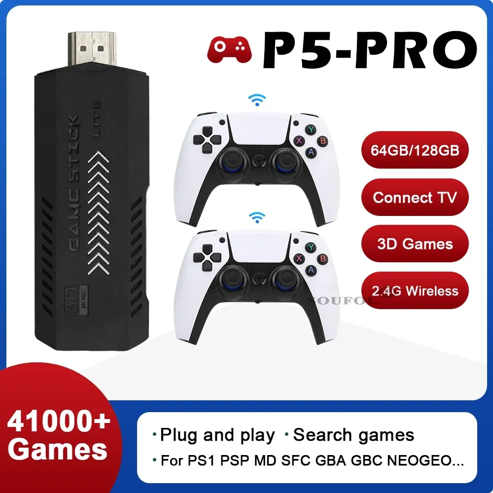 Consoles P5pro 128G 40000 jeux Console de jeu rétro 4K HD Console de jeu vidéo 2.4g Double Controller Stick Game pour N64 PSP PS1