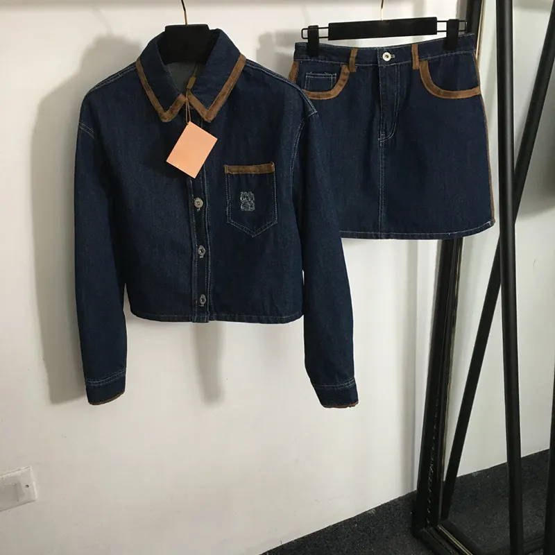 Mode denim jacka klänning lapel nacke kappa kjolar knapp cardigan jacka klänning klassiska bokstäver jacquard jean träning