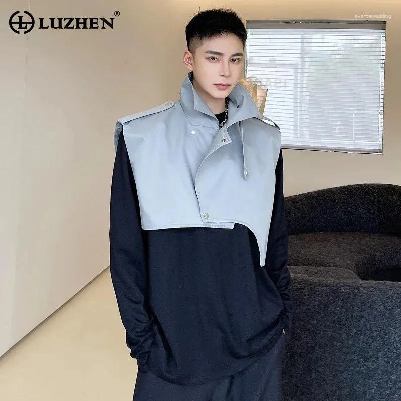 Vêtes pour hommes Luzhen boutonné décorer la conception d'épissage asymétrique Couleur solide sans manches hommes TRENDY STREE