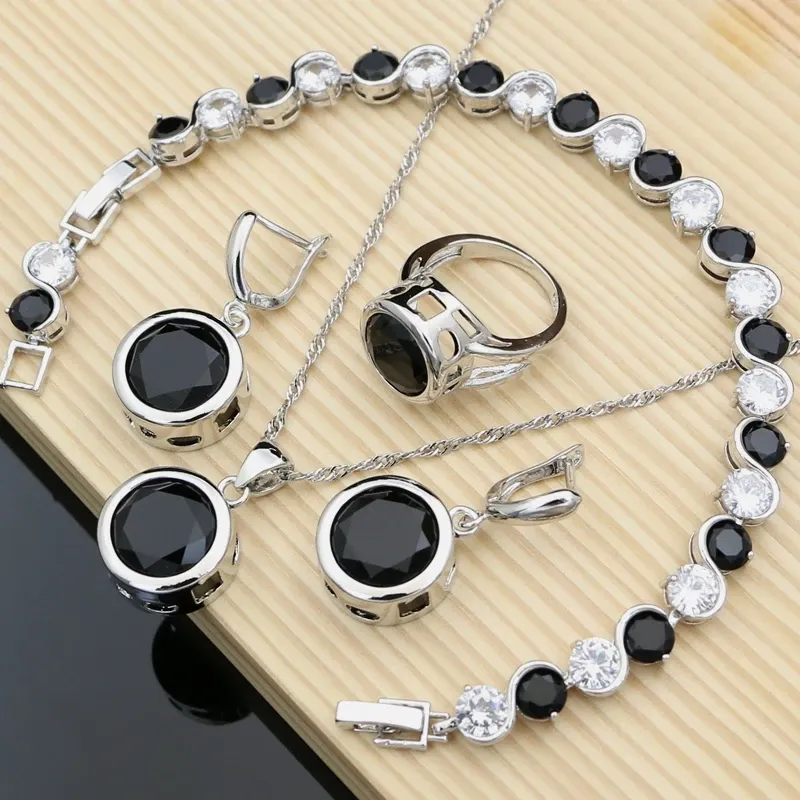 Kettingen 925 Sterling zilveren sieraden Sets Big Black CZ Hyperbole Design oorbellen Fashion Suit ketting Sets Gift voor vrouwen Dropshipping