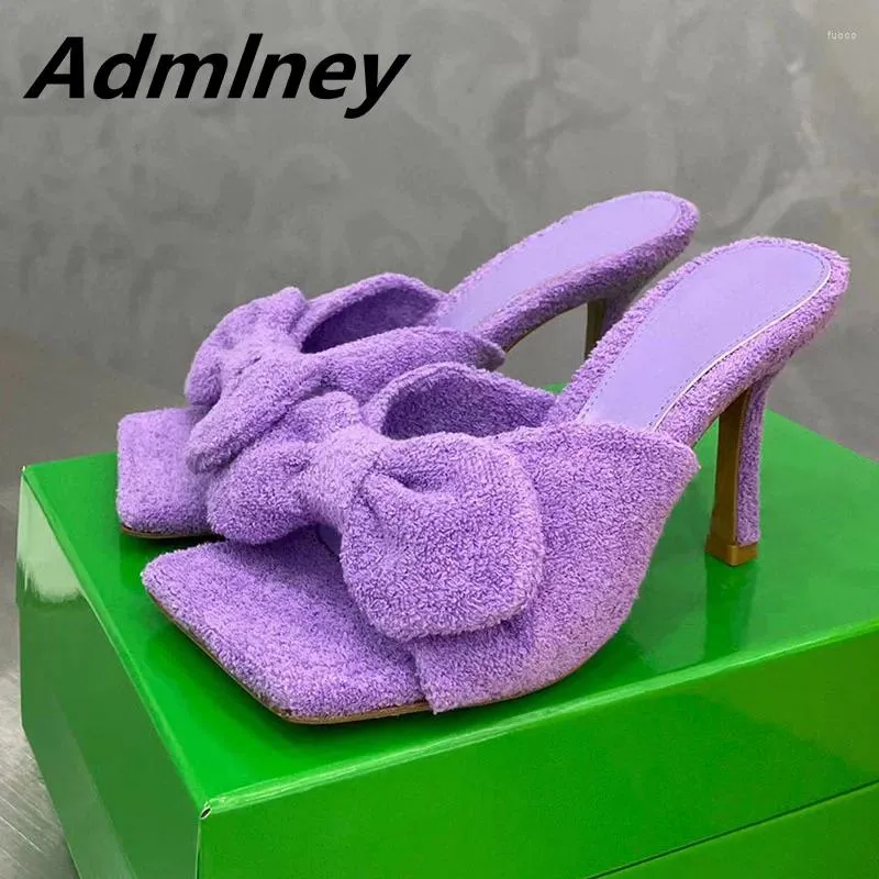 Slippers Runway Towel Bowknot Slipper Heels Women 2024 Multicolor Square Toe One Strap Party Bridal Shoes Wedding Cute Holiday