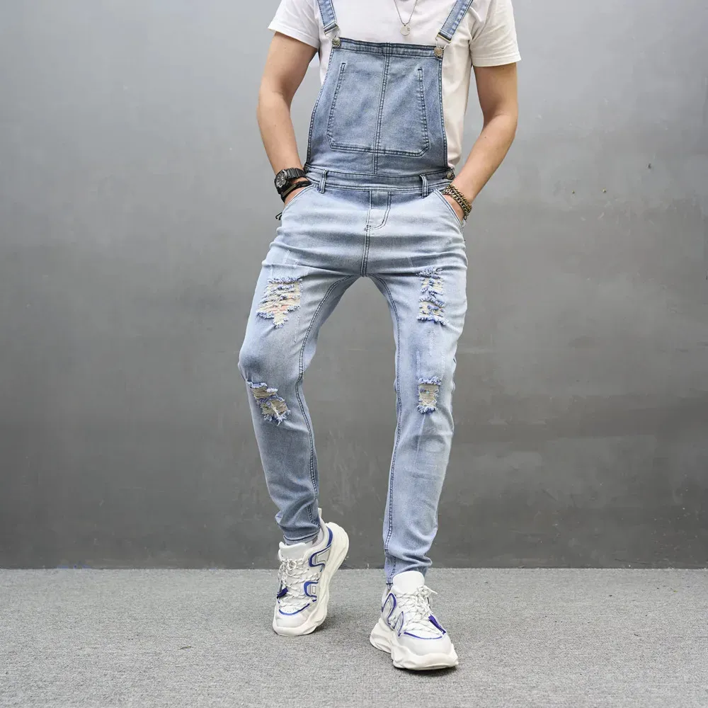 Men Ripped Slim Biker Jeans Bib Overalls Jumpsuits jeans Stylish Man Streetwear Stretch Dungarees Male Strap 240417