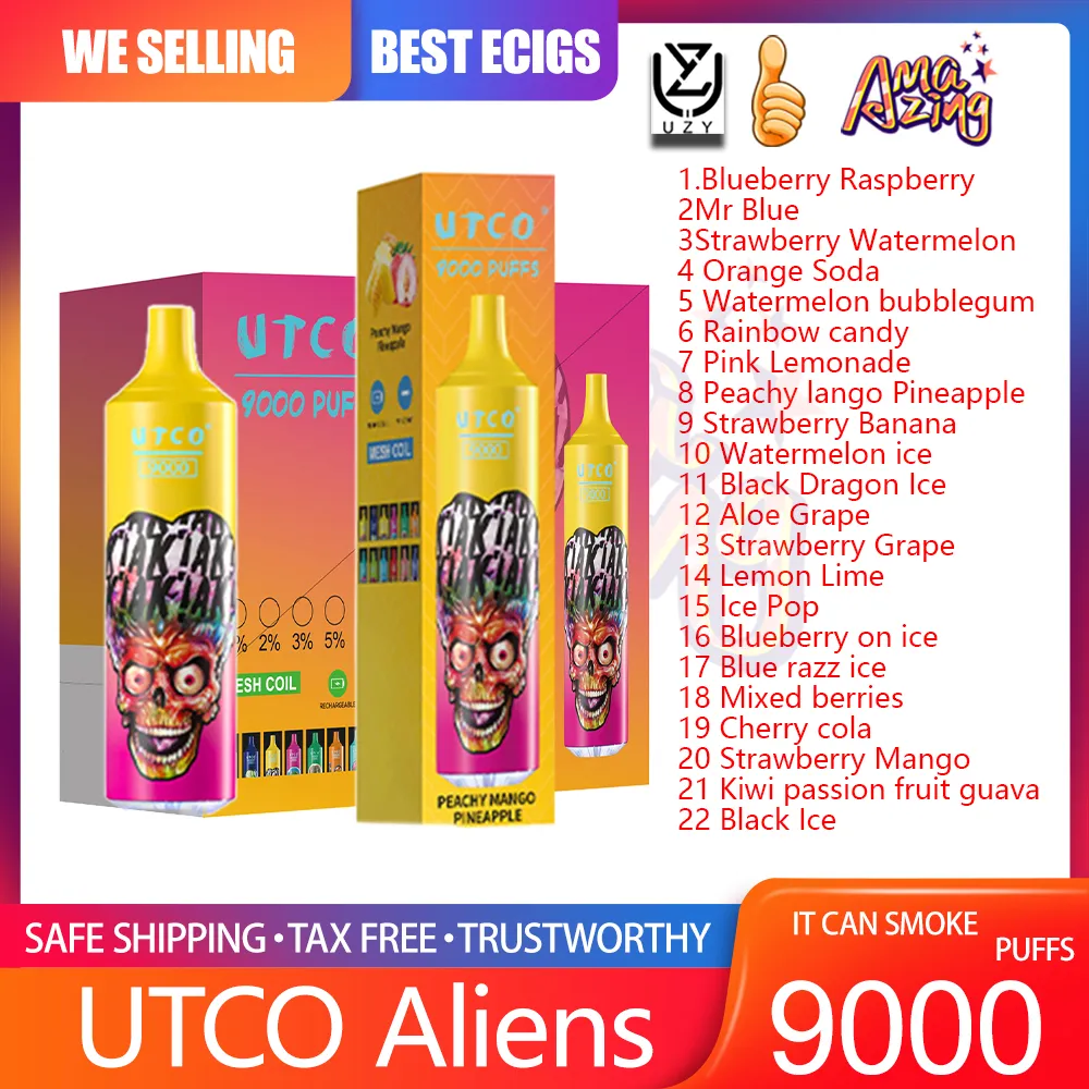 Authentic UTCO Aliens 9000 Puff Disposable Vape 22 Flavors 18 ml Förfylld enhet 850mAh Type-C uppladdningsbart batteridätspol 9K E Cigaretter