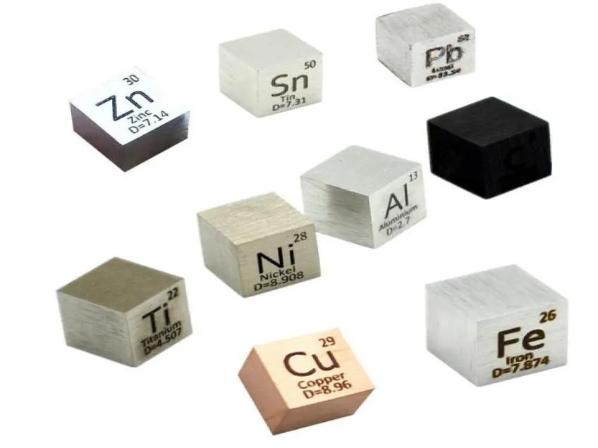 9 PCS Element Cubeset 10mm金属密度キューブ毎日の金属周期テーブルコレクション鉄銅鉛ニッケルチタン炭素6452362