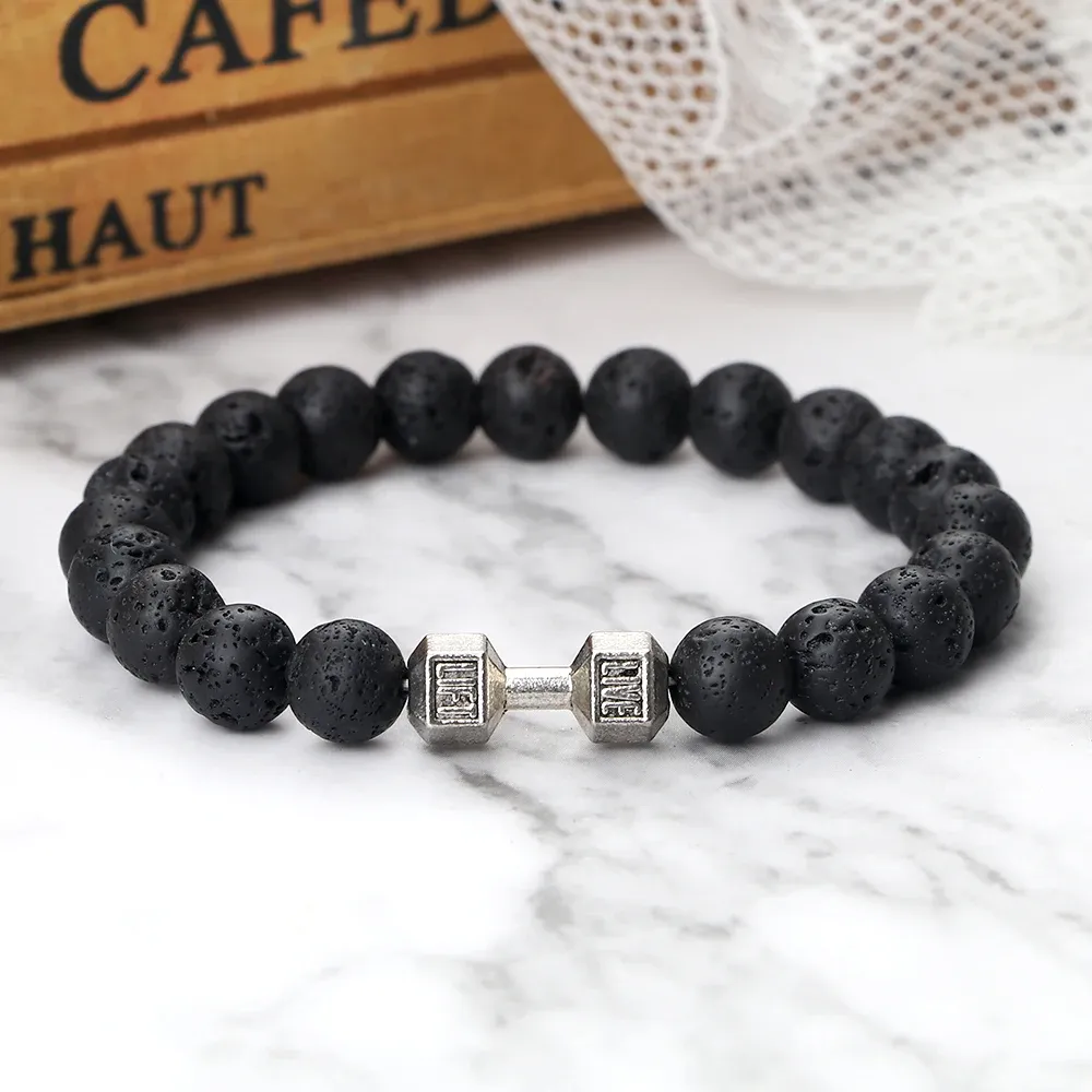Strands New Dumbbells Bracelets Bead Fashion Natural Fit Life Black Stone Beaded Bracelet For Men's Energy GYM Barbell Jewelry Gifts