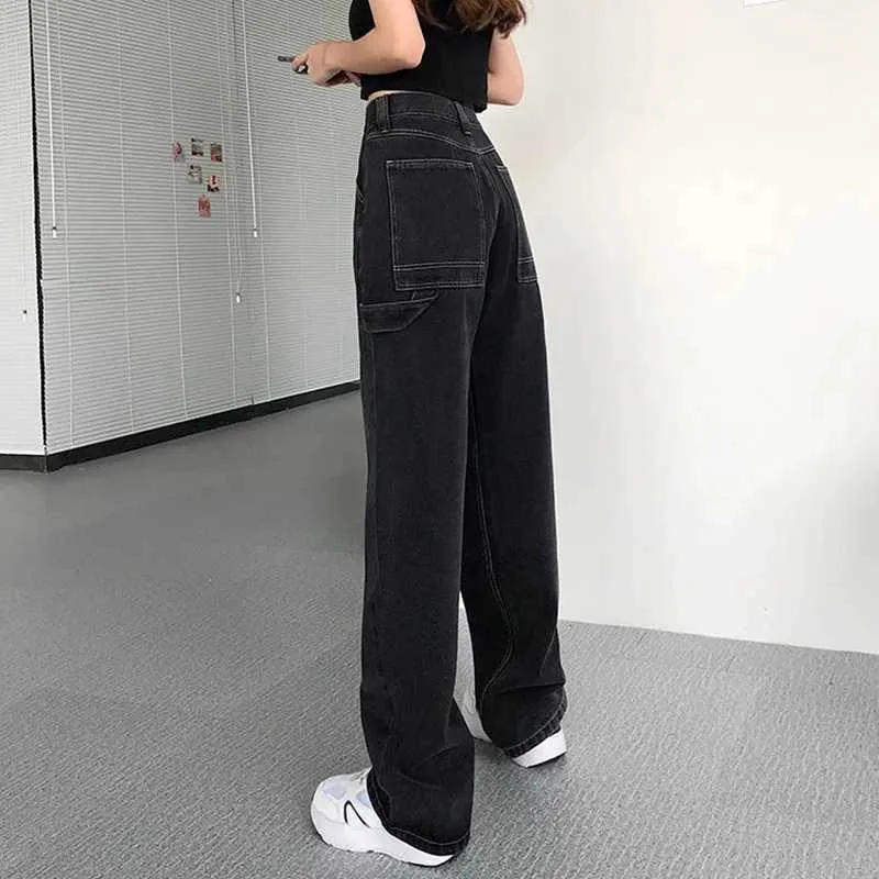 Dżinsy damskie 2021 Nowe dżinsy dla kobiet z powrotem luźne wysoką talię mama duże proste spodnie długie dżinsy dżinsy strtwear y240422