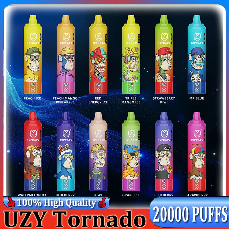 Оригинальный Uzy Tornado 20000 Puff 20000 Одноразовое вейп -устройство 28 мл 0/2/3/5% никотиновая соль 12 ароматизатора. Аккумуляторная батарея перезаряжаемая ЕС Оптовая опта 20K Puffs 20 EU Vape Bar