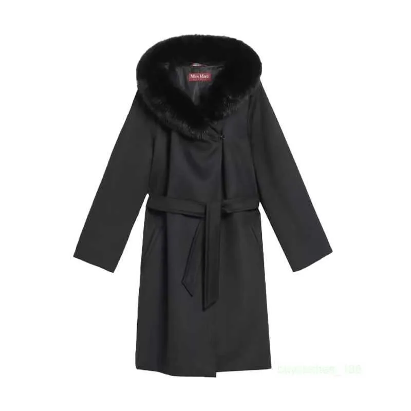 Designer Coat Cashmere Coat Luxury Coat MaxMaras Womens Coat Fur Collar Tie Up Mid Length Solid Color Coat