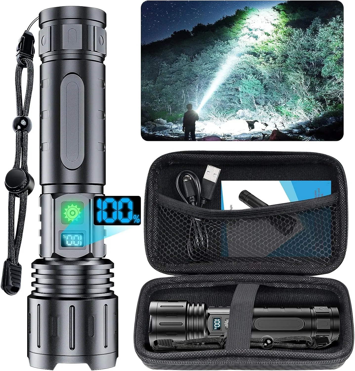 Flashlight 20000 Lumens High Lumens قابلة لإعادة شحنها - 1500 متر من مصباح يدوي LED Super Beam Super مع عرض البطارية و IPX5 Campi Campi