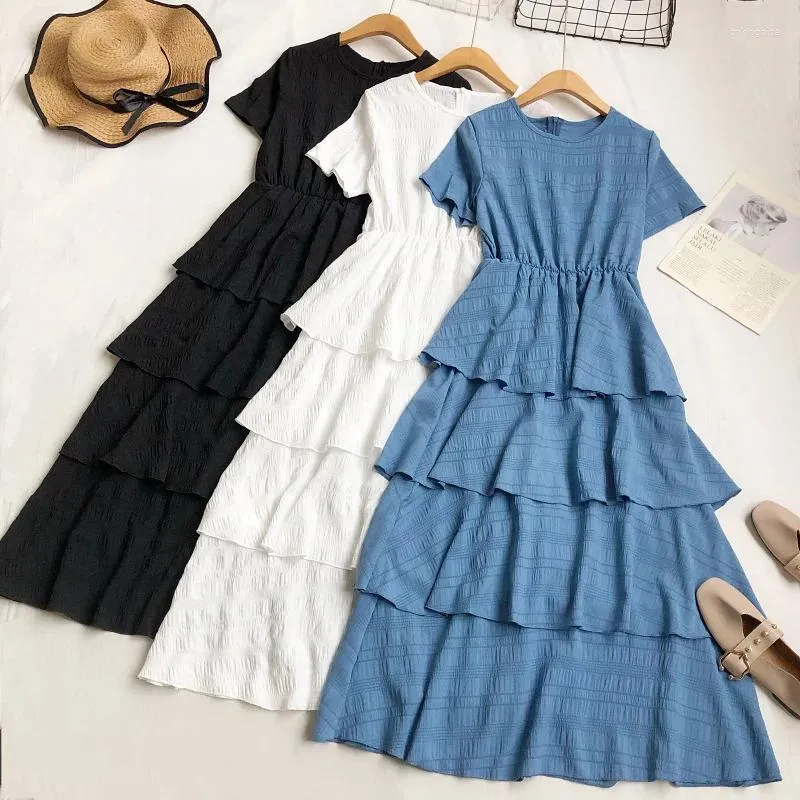 Feestjurken Koreaanse mode lange jurk voor vrouwen o-neck korte mouw patchwork vrouwelijke cake a-line dames casual vestidos droomp