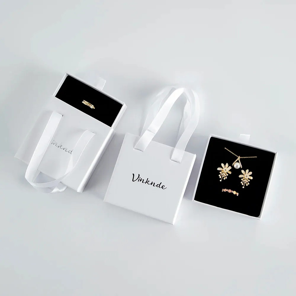 Strands Custom Logo White Luxury Small Sliding Drawer Gift Perfume Paper Shopping Bag For Jewelry Bracelet Box With Satin Ribbon Handle