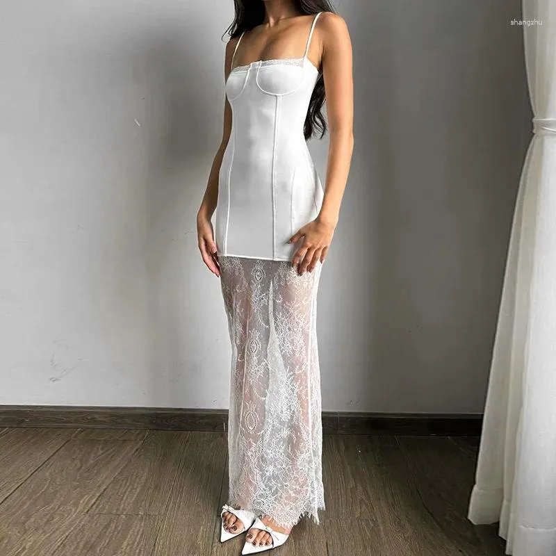 Abiti casual in pizzo bianco abito lungo vestito da donna estate elegante sexy spaghetti spalline senza maniche club per festaiolo 2024