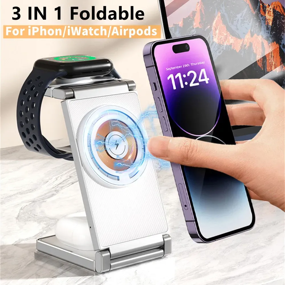 Chargers Newest 3 IN 1 Magnetic Wireless Charger Station For iPhone 14 13 12 Pro Max Fast Charging Dock For Airpods Pro Apple Watch 8 7 6