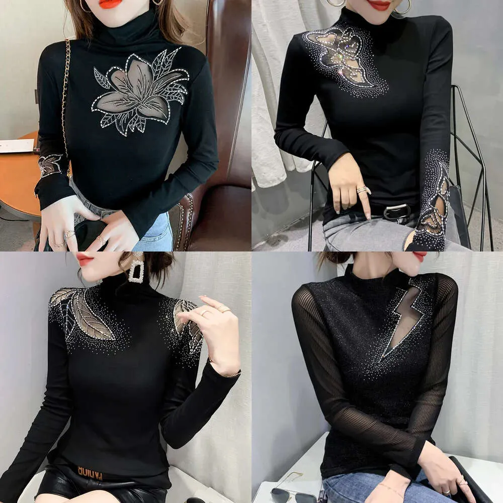 Autumn Spring Women S Tops Fashion Casual Turtleneck Long Sleeve Hollow Out Boor Mesh T -shirt Plus maat 220728 Leeve Hirt Ize