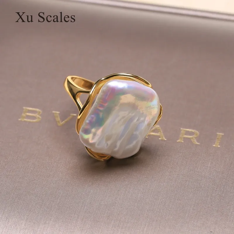 Anneaux Natural Natural Freshater 1420mm Baroque Square Pearl Vintage Ring 14K GOLD FOLM FEMMES CASSIQUE CLASSIQUE FEMMES CADEAU DE TAILLE Ajustement