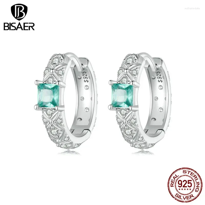 Stud Earrings BISAER 925 Sterling Silver Green Zircon Pattern Ear Buckles Round Hoop Platinum Plated For Exquisite Women Fine Jewelry