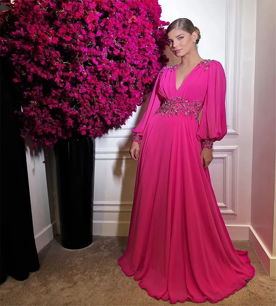 Fuchsia Chiffon Elegant Evening Dress With Beaded Long Sleeve V Neck Charming Prom Wear Puff Sleeve Backless Formal Party Gown Vestidos De Noche Dubai Abaya Chic