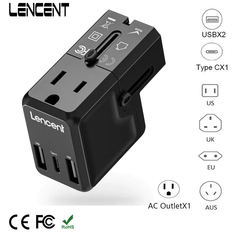 Chargers Lencent Travel Adapter Universal Adapter Allinone with 1 Ac Outlet 2 Usb Ports and 1 Type C Wall Charger for Us Eu Uk Aus