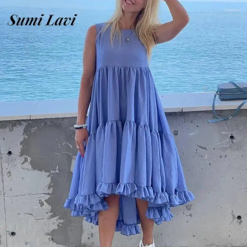 Lässige Kleider 2024 Sommer elegant o-hals ärmellose Midi Kleiderinnen Frauen Mode Rüste große Saumflecken Party Lose solide A-Linie