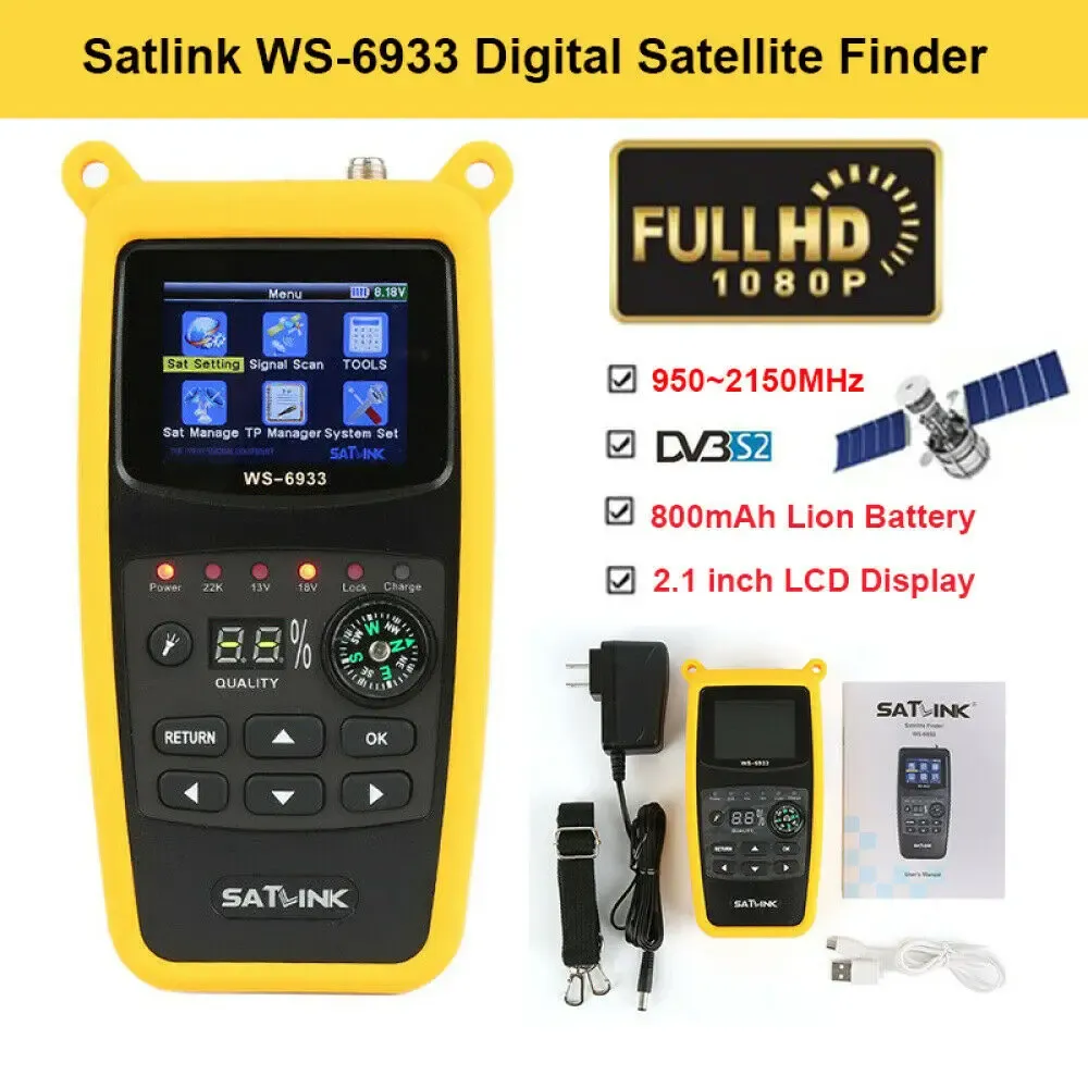 Finder Satlink WS6933 Satfinder Satellite Finder 2,1 -дюймовый ЖК -дисплей с литиевой батареей и кремнетической сумкой DVBS FTA C KU Band