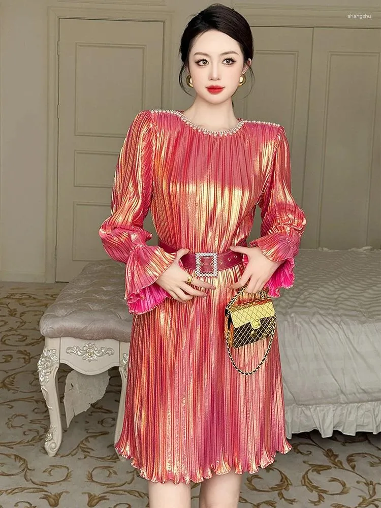 Casual jurken beroemdheid mode mode prom dames zoet goud roze heldere zijden geplooide riem vleugels korte jurk verjaardagsfeestje runway vestidos