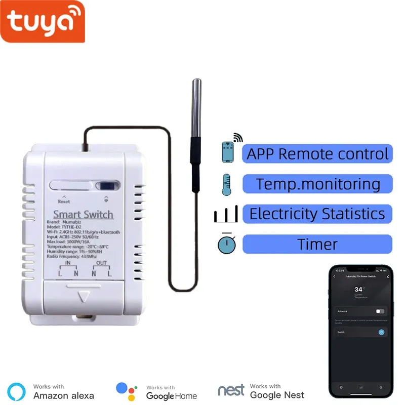 Controle Smart Life Wi -Fi Switches de temperatura 16A Termostato inteligente Energia real Comsuptiom Monitoramento com RF433 Alexa Compatível