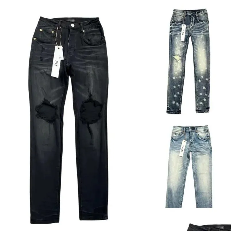 Mens jeans paarse ontwerper voor broek borduurwerk quilten gescheurde tren vintage pant vouw slanke mager mode druppel levering kleding doek dhzuo