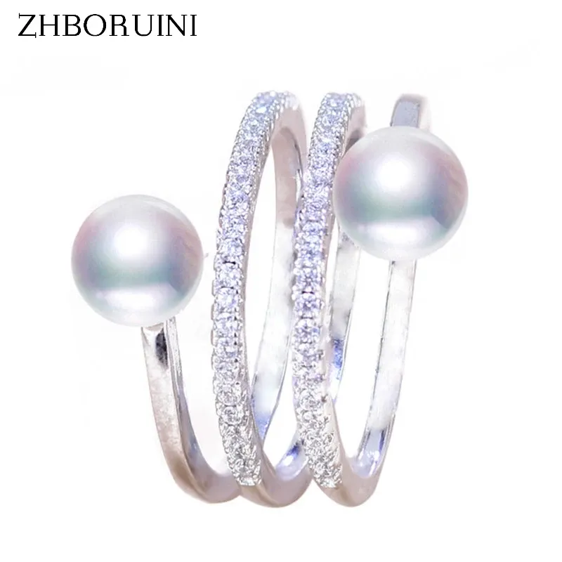 حلقات Zhboruini 2020 Fine Pearl Ring Jewelry Multi Row Natural Freshwater Pearl 925 Sterling Silver Big Rings for Women