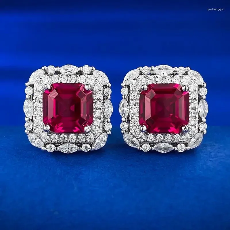 Stud -oorbellen Springlady Vintage 925 Sterling Silver Asscher Cut 7 mm Ruby High Carbon Diamond Gemstone Studs Sieraden