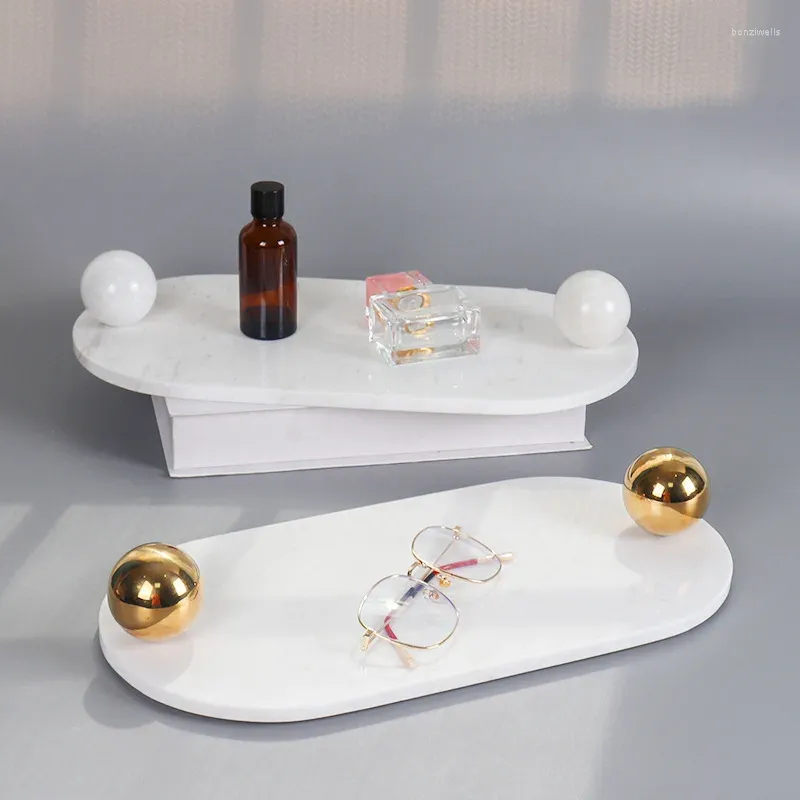 Figurines décoratives modernes marbre naturel pierre ovale handle de manche en métal plateau el salon casse-tête table de toilette stockage
