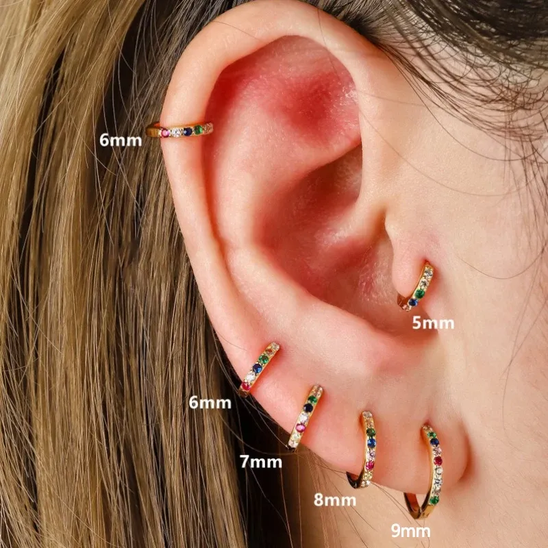 Kolczyki 2PCS stal nierdzewna minimalne obręcze Kolczyki dla kobiet 5 mm 6 mm 7 mm 8 mm 9 mm Huggie Hoops Mini wielokolorowy Rainbow CZ Earring
