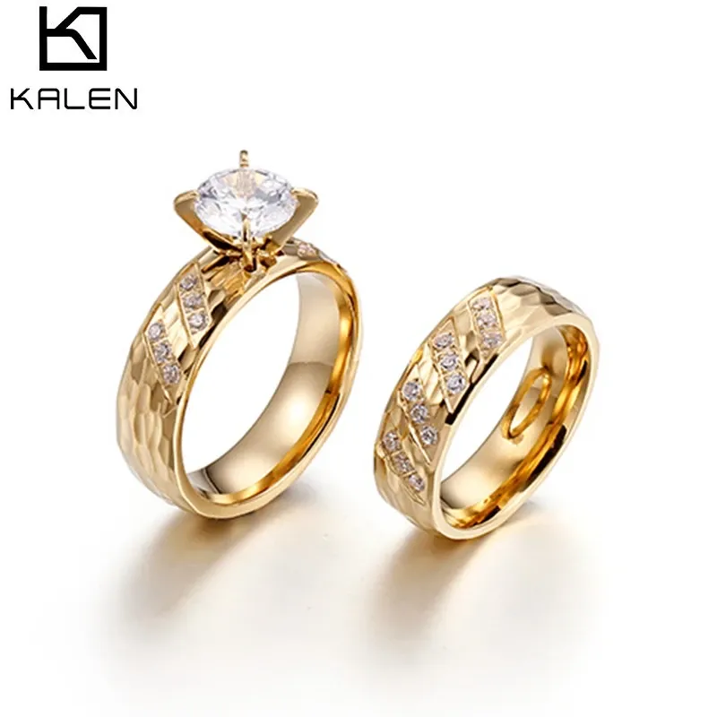 Groupes Kalen Italie Gold Color Couples Femmes en acier inoxydable Zircon Anneau de fiançailles de mariage pour la mode Lover Bijoux de mariée