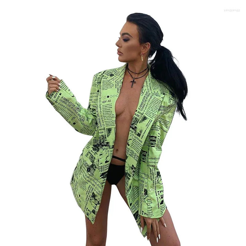 Женские костюмы Spaper Print Lime Green Women Blazers и Jackets Streatwear Fashion Негабаритная пальто женская осень 2024