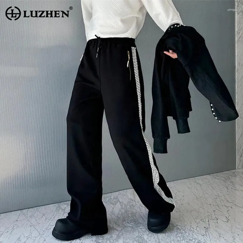 سروال الرجال Luzhen 2024 الربيع الأنيق بشكل مستقيم فضفاضة الرجال الأصليين العاديين العصرية العصرية تزيين الربط بنطلون الشارع LZ2765