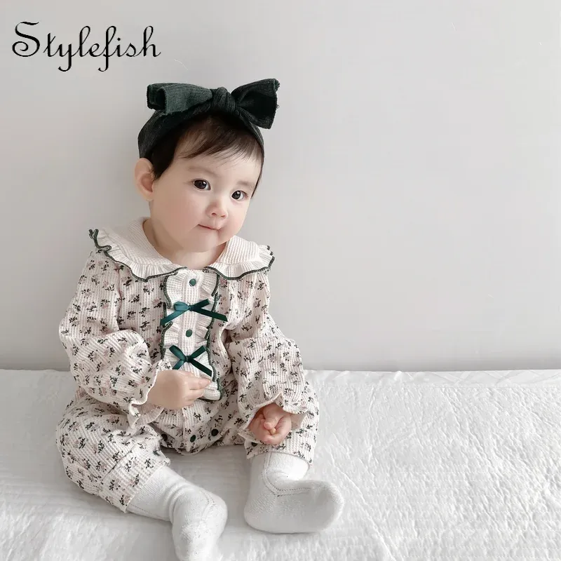 One-Pieces 2022 autumn wholesale baby romper new baby jumpsuit lapel floral bow long sleeve romper allmatch longsleeved romper girl