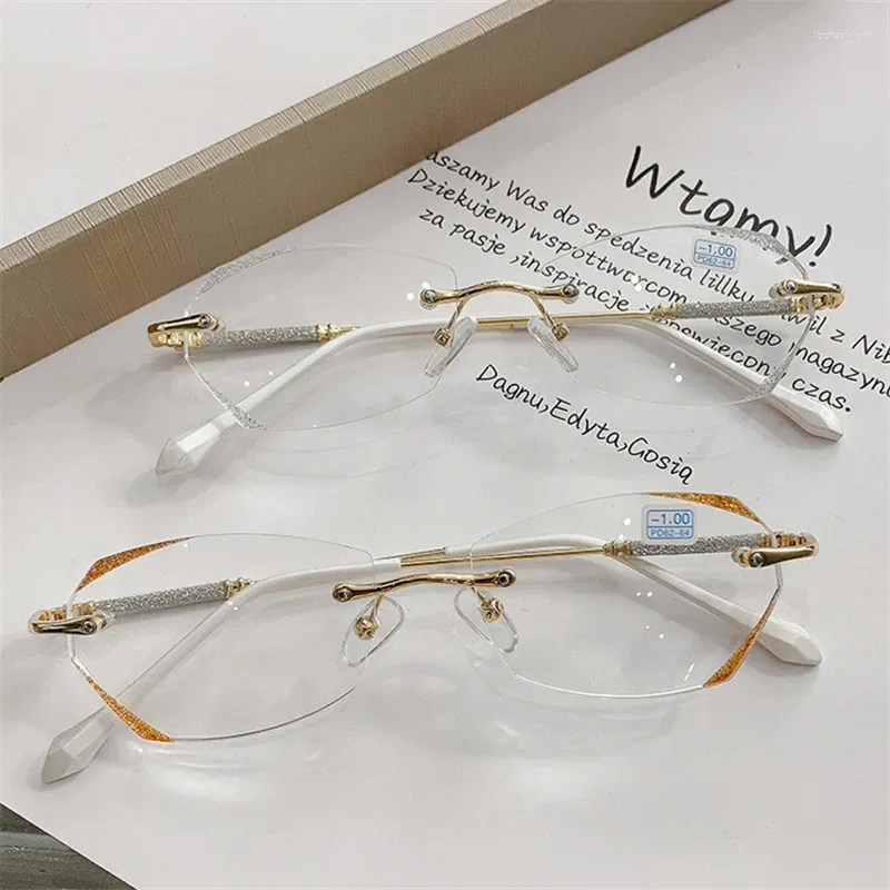 Solglasögon Rimless Presbyopic Glasses Women Luxury Diamond Cutting Frame Anti Blue Light Eyeglasses Recept Eyewears Diopter 0 till 4.0