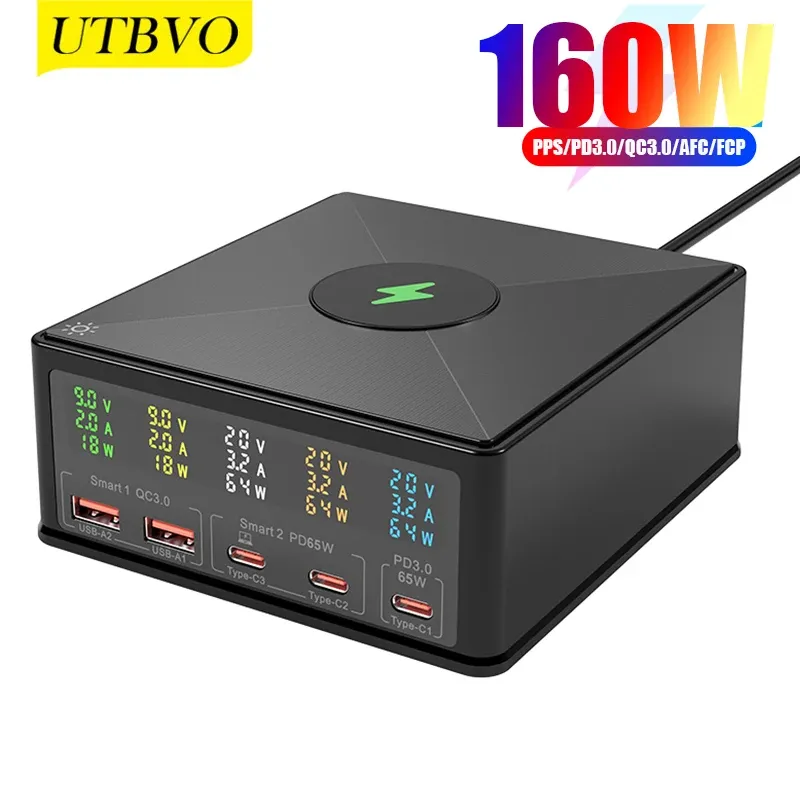Hubs UTBvo 160W GAN USB Station de chargement 5port USB C Fast Charger Hub avec 15W Charge sans fil PD 65W USBC QC3.0 pour le téléphone portable du téléphone