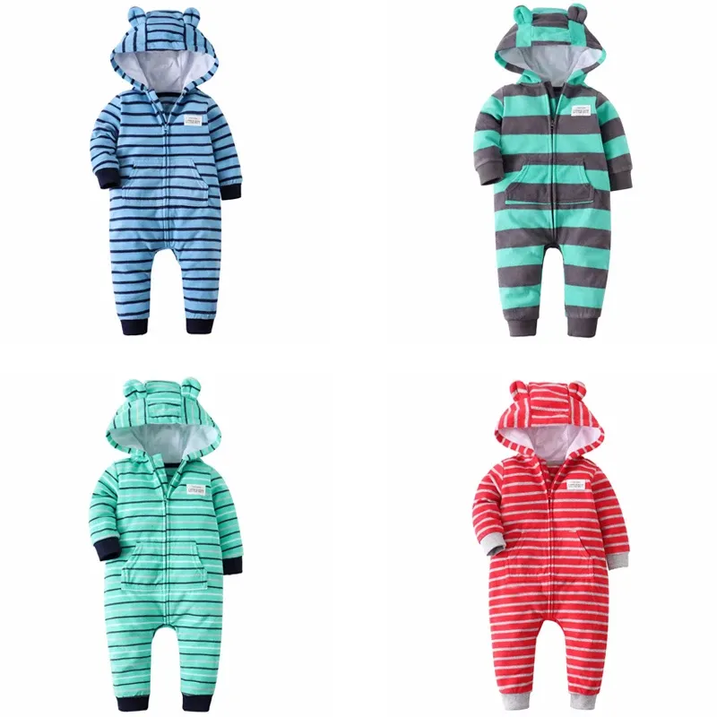 One-Pieces-Streifen-Baby-Jungen Langhülle Kapuze-Overall Neugeborene Mädchen Winterkleidung 2021 Neugeborenes Gesamtkostüm 624 m Baumwolle+Fleece Reißverschluss