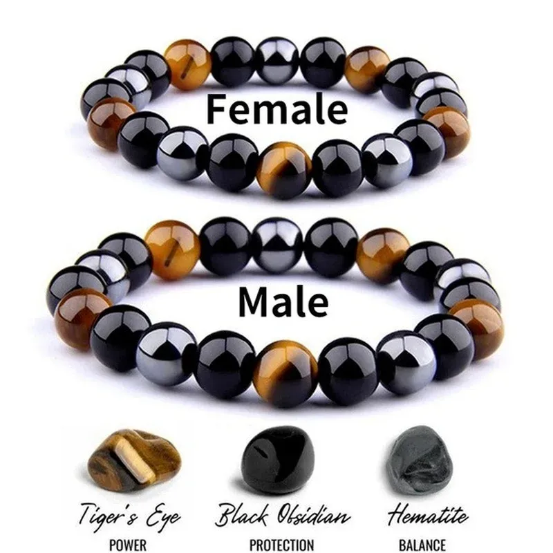 Bracelets Natural Stone Bracelet Tiger Eye Triple Protection Hematite and Black Obsidian Bracelet Couples Bracelets Weight Loss Jewelry