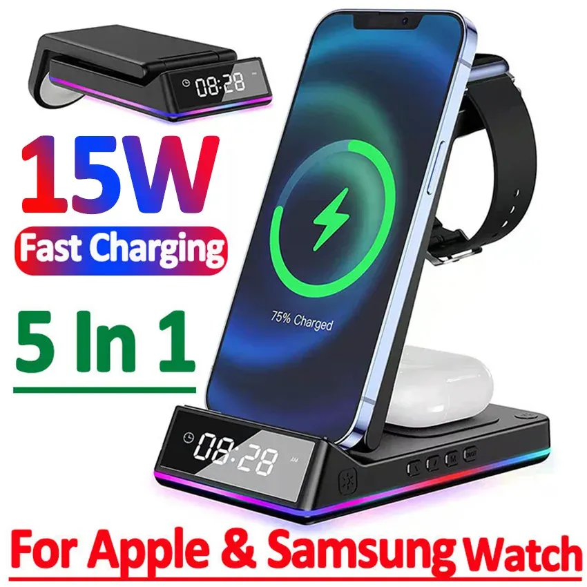 Chargers 5 en 1 support de chargeur sans fil pliable Clock LED RGB Horloge 15W Station de charge rapide pour iPhone Samsung Galaxy Watch 5/4 S22 S21