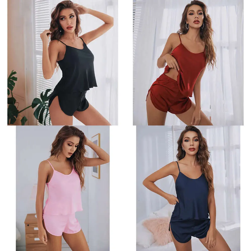 Femmes Summer Pama Set Silk Like Sling Top Shorts 2 pièces Pyjama Imitation Imitation Satin Dable Drop 220329 039