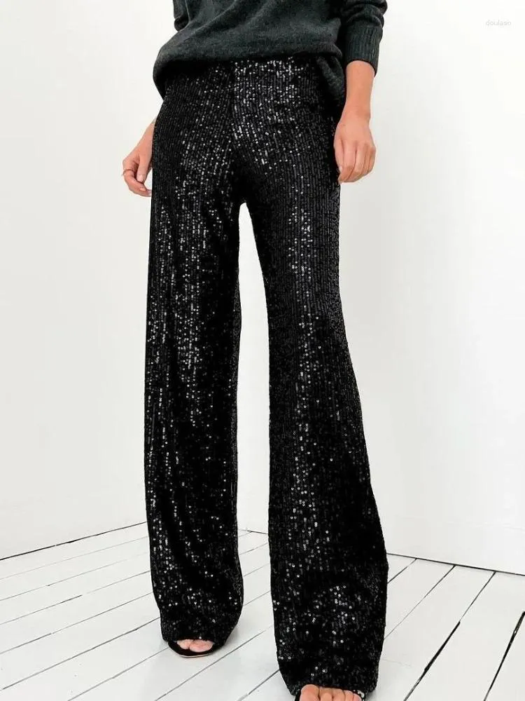 Pantaloni da donna paillettes svasati di pantaloni da bling dritti Donne Solido Black High Party Evening Streetwear Streetwear Streetwear 2024