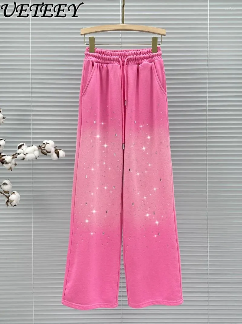 Women's Pants Lace-up Wide-Leg Casual Trousers 2024 Spring Summer Elastic High Waist Fashion Rhinestone Mopping Sweatpants