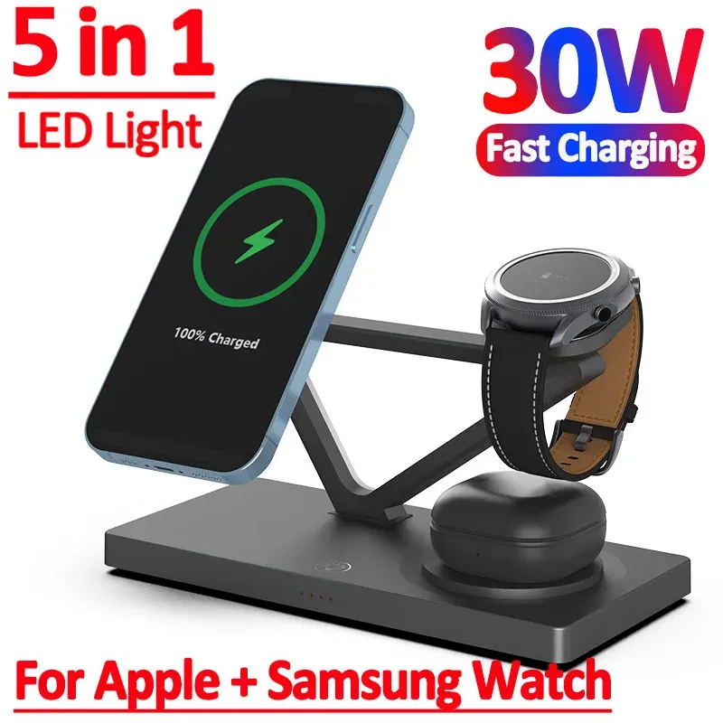 Laddare 30W Magnetic Wireless Charger Stand för iPhone 14 13 12 Pro Max Apple Samsung Watch 8 7 AirPods induktion Fast Charging Station