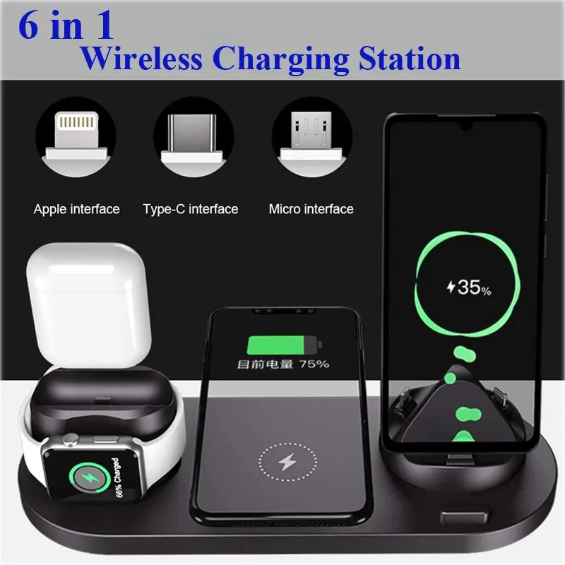 Chargers Wireless Charger 6 in 1 Qi Fast Charging Station per iPhone 13 12 Pro Max Apple Iwatch SE 6 5 4 3 2 AirPods Pro Samsung Galaxy Galaxy