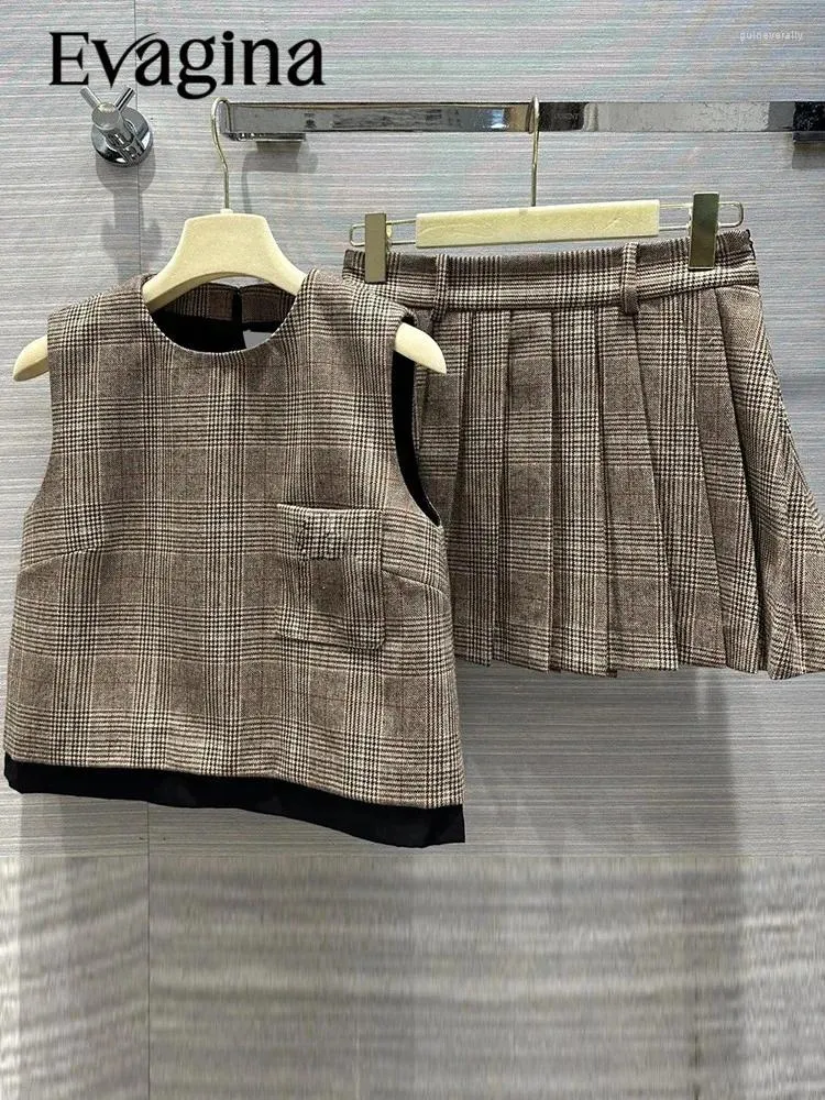 Work Dresses Evagina Designer Runway Summer Casual Vintage Streaks Half Skirt Suit Women's Sleeveless Loose Coat A-Line Pleated