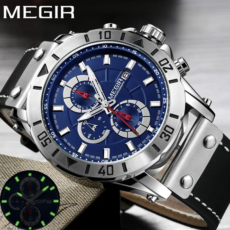 الساعات Megir Man Sport Wristwatch رجال كرونوغراف ماء يراقبون الجيش العسكري أعلى علامة تجارية حقيقية جلدية جديدة على مدار الساعة 2081