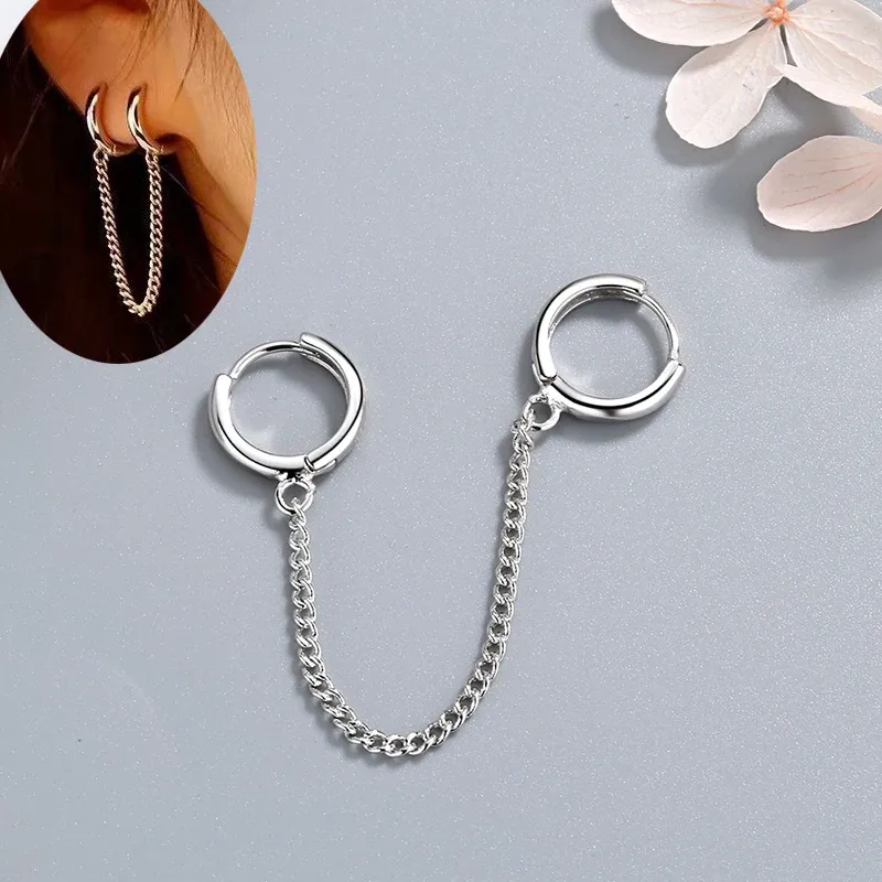 Earrings Women's New Fashion Double Ear Hole Piercing Hoop Earrings Smooth Simple Hoops Chain Connected Shiny Charming Earring Jewelry