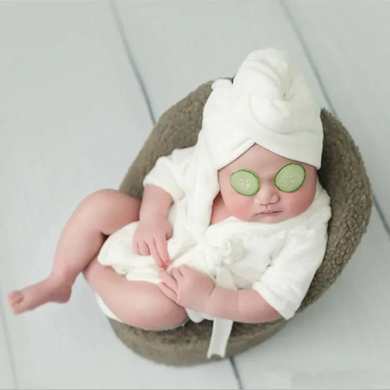 Tillbehör liten baby flicka pojke fotografering flanell badrockar kläder med pannband nyfödda fotografering rekvisita baby posera skytte kläder